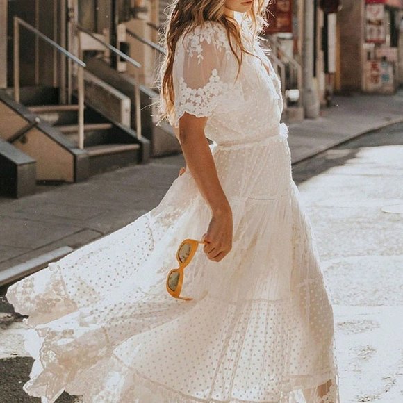 White Bohemian Womens V-Neck Buttoned Floral Lace Flowy Polka Dot Fringe Dress - Picture 5 of 5